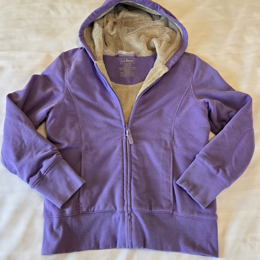 LL Bean Hoodie Girls Large 14-16 Purple Sherpa Lined